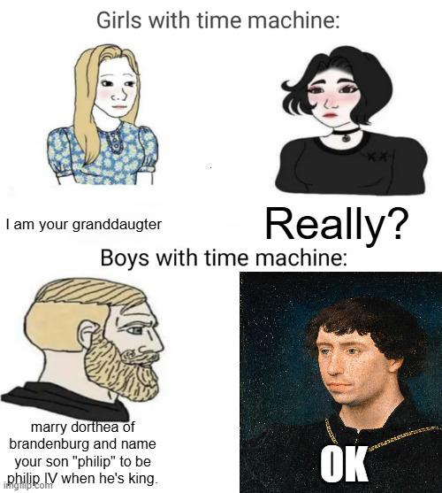 time machine with boys be like. (yes i did make the meme generator version)